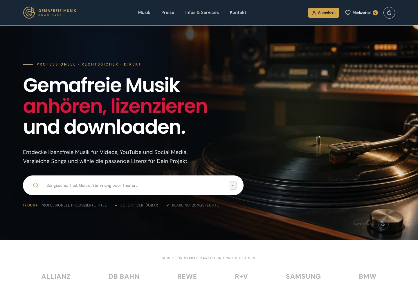 Gemafreie Musikdownloads – Desktopansicht der Website